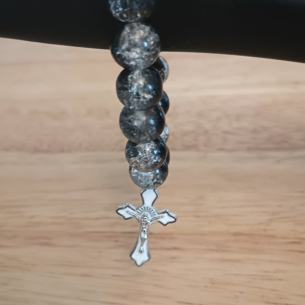Black and Silver Beaded Bracelet with Cross Charm